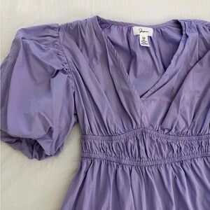 Purple V-Neck Puff Sleeve Dress
